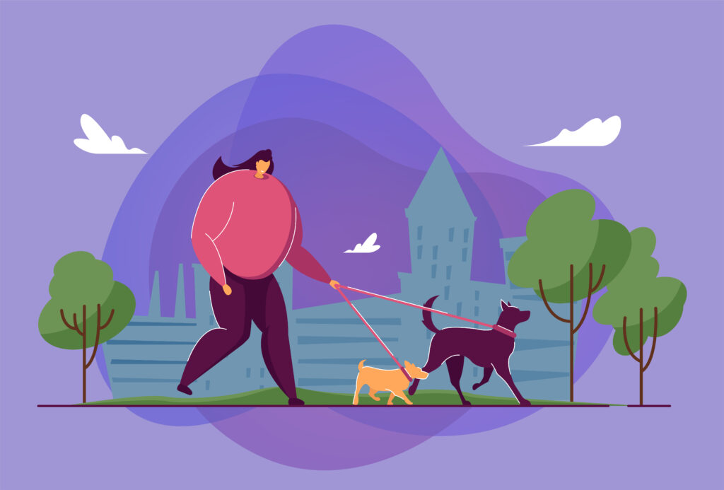 Cartoon woman walking two dogs in city park